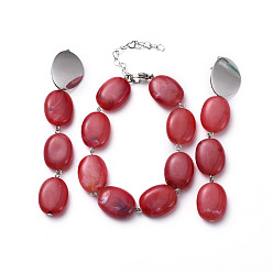 Cerise Jewelry Sets, Bracelets & Stud Earrings, with Acrylic Imitation Gemstone Beads, 304 Stainless Steel Findings and Iron Head Pin, Oval, Cerise, Bracelet: 7-5/8 inch(19.5cm), Earring: 86mm, Pin: 0.8mm