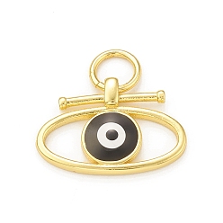 Black Rack Plating Brass Enamel Charms, with Jump Ring, Cadmium Free & Lead Free, Long-Lasting Plated, Real 18K Gold Plated, Oval with Evil Eye Pattern, Black, 14x20x3mm, Hole: 5mm