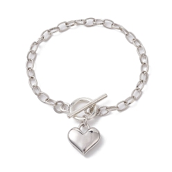 Platinum Alloy Heart Charm Bracelet with Cable Chains, Platinum, 7-7/8 inch(20cm)