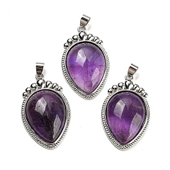 Amethyst Natural Amethyst Pendants, Carrot Charms with Rack Plating Platinum Tone Brass Findings, Lead Free & Cadmium Free, 36.5x22.5x7~7.5mm, Hole: 4x6.5mm
