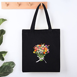 Flower DIY Bohemian Style Canvas Tote Bag Embroidery Starter Kits, including Black Cotton Fabric Bag, Embroidery Hoop, Needle, Threads, Flower Pattern, 400x300mm