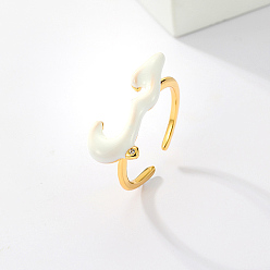 White Cloud Shape Real 18K Gold Plated Brass Micro Pave Cubic Zirconia Open Cuff Rings, with Enamel, White, Inner Diameter: 16~18mm