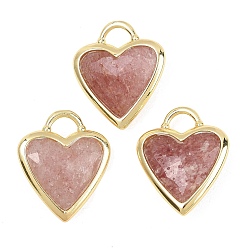 Клубничный Кварц Граненые подвески из натурального клубничного кварца, Подвески в форме сердца из латуни с драгоценными камнями в оправе, золотые, 22x18.5~19x7 мм, отверстие : 5x4 мм