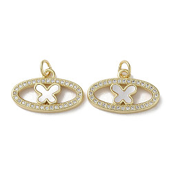 Real 18K Gold Plated Brass Micro Pave Cubic Zirconia Charms, with Shell, Oval with Butterfly, Real 18K Gold Plated, 13x20x2.5mm, Hole: 3mm