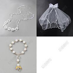 Белый 1Свадебные вуали из полиэстера, бантом, с 1пластиковыми повязками на голову из искусственных цветов, 1пластиковые браслеты с подвесками из искусственного жемчуга, белые, вуали: 555x690x21мм