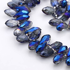 Blue Plated Half Plated Faceted Teardrop Electroplate Glass Pendants Beads Strands, Top Drilled Beads, Blue Plated, 12x6mm, Hole: 1mm, about 100pcs/strand, 15.5 inch