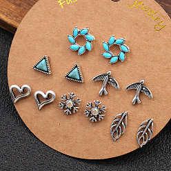 1813 6 Pairs of Fashionable Earrings Set - Owl Leaf Christmas Tree Heart Diamond Earrings