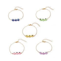 Mixed Color Triple Evil Eye Resin Link Bracelet, Gold Plated Brass Jewelry for Women, Mixed Color, 7-1/4 inch(18.5cm)