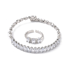 Прозрачный Овальные латунные браслеты-манжеты и кольца с микропаве из кубического циркония для женщин, стойки покрытие, платина, прозрачные, браслет: 7ширина мм, внутренний диаметр: 59.5x55 мм