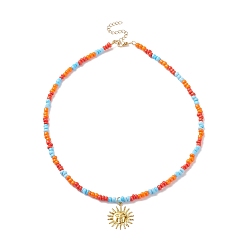 Colorful Brass Sun Pendant Necklace with Glass Seed Beaded for Women, Colorful, 17.95 inch(45.6cm)