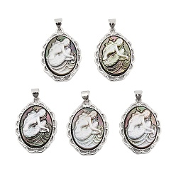 Платина Подвески в виде русалки из натуральной черной ракушки, латунные овальные подвески, платина, 27x19.5x2.5~3.5 мм, отверстие : 4x3.5 мм