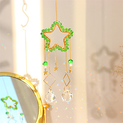 Lime Green Star Quartz Crystal Dyed Hanging Suncatcher Pendant Decoration, Crystal Ceiling Chandelier Ball Prism Pendants, with Brass & Iron Findings, Lime Green, 300mm