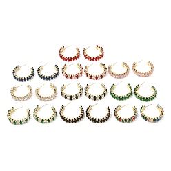 Mixed Color Cubic Zirconia Round Stud Earrings, Rack Plating Real 18K Gold Plated Brass Half Hoop Earrings for Women, Lead Free & Cadmium Free, Mixed Color, 35x8mm