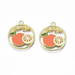 Coral Alloy Enamel Pendants, Cadmium Free & Nickel Free & Lead Free, Light Gold, Ring with Word and Orange, Coral, 24.5x22x1.5mm, Hole: 2mm