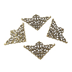 Antique Bronze Iron Filigree Joiners, Etched Metal Embellishments, Corner Shape with Flower, Antique Bronze, 32.5x51x1mm