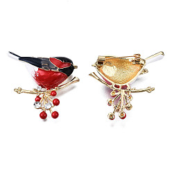Red Bird with Branch Enamel Pin with Crystal Rhinestone, Light Gold Plated Alloy Badge for Backpack Clothes, Nickel Free & Lead Free, Red, 37x44mm, Pin: 0.7mm