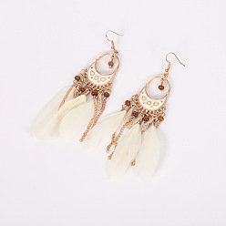 white Boho Tassel Feather Earrings for Women, Ethnic Style Jewelry HY-7078-1