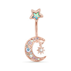Rose Gold Colorful Rhinestone Moon & Star Dangle Belly Ring, Alloy Navel Ring with 316L Surgical Stainless Steel Bar for Women Piercing Jewelry, Rose Gold, 13mm