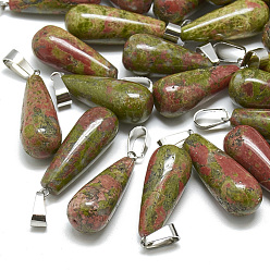 Unakite Natural Unakite Pendants, with Stainless Steel Snap On Bails, teardrop, 28~30x10~12mm, Hole: 6x4mm