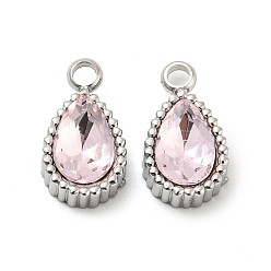 Pink 304 Stainless Steel Pendants, with Glass, Teardrop, Pink, 10x5.5x4mm, Hole: 1.6mm