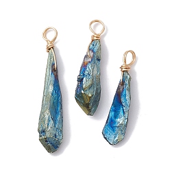 Blue Electroplated Natural Quartz Crystal Dyed Pendants, Teardrop Charms with Golden Plated Copper Wire Loops, Blue, 34~37x6~10.5x6~9.5mm, Hole: 3.5mm