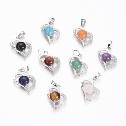 Mixed Stone Natural & Synthetic Mixed Gemstone Pendants, with Platinum Tone Brass Findings and Crystal Rhinestone, Heart, 29x21.5x9mm, Hole: 7x3.5mm