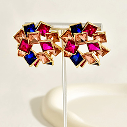 Colorful Rhinestone Donut with Square Stud Earrings, Zinc Alloy Earrings for Women, Colorful, 40x40mm