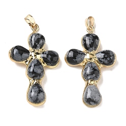 Snowflake Obsidian Natural Snowflake Obsidian Pendants, Cross Charms, with Golden Tone Brass Findings, 38~41x22.5~23.5x5.5~6mm, Hole: 5.5x3.5mm
