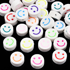 Mixed Color Handmade Polymer Clay Beads, Flat Round with Smiling Face, Mixed Color, 9~10x4mm, Hole: 1.2~1.6mm