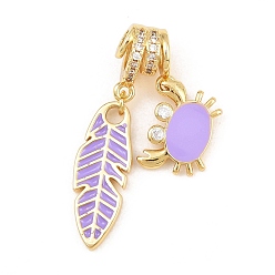 Medium Purple Brass Micro Pave Clear Cubic Zirconia Pendants, with Enamel, Feather with Crab Charms, Rack Plating, Long-Lasting Plated, Lead Free & Cadmium Free, Real 18K Gold Plated, Medium Purple, 36mm, Hole: 3mm