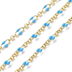 Light Sky Blue Enamel Oval Link Chains, with Real 18K Gold Plated Brass Findings, Soldered, with Spool, Light Sky Blue, 4x7x1mm