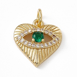 Sea Green Rack Plating Brass Cubic Zirconia Pendants, Heart with Eye Charm, with Jump Ring, Long-Lasting Plated, Golden, Lead Free & Cadmium Free, Sea Green, 18x16.5x6mm, Hole: 4mm