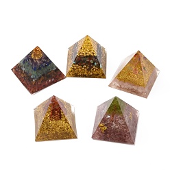 Mixed Stone Orgonite Pyramid, Resin Pointed Home Display Decorations, with Natural Gemstone and Metal Findings, 49x49x48.5mm