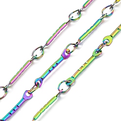 Rainbow Color Ion Plating(IP) 304 Stainless Steel Textured Bar Link Chains, Soldered, with Spool, Rainbow Color, 12.5x2x0.9mm, 3.5x2.5x0.4mm, about 32.81 Feet(10m)/Roll
