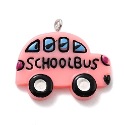 Pink Resin Pendants, with Platinum Tone Iron Loop, School Bus with Word, Pink, 25.5x29.5x4mm, Hole: 2mm