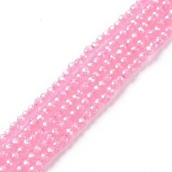 Flamingo Cubic Zirconia Beads Strands, Faceted, Round, Flamingo, 1.5~2x2mm, Hole: 0.2mm, about 178~186pcs/strand, 15~15.5 inch(37.5~38.5cm)