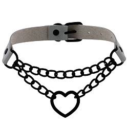 Silver (Spades) Fashionable Heart-shaped Black Chain Collar Necklace with Lock, PU Leather Material