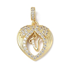 Letter V Латунные микропаве прозрачные подвески с фианитом, крыло с буквенными подвесками, без свинца и без кадмия, долговечный, стойки покрытие, реальный 18 k позолоченный, Буква V, 20.5x18x3.5 мм, отверстие : 4.5x3.5 мм