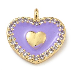 Средний Фиолетовый Стойка покрытие латунь микропаве прозрачный кубический цирконий с эмалевыми подвесками, долговечный, без свинца и без кадмия, реальный 18 k позолоченный, сердце, средне фиолетовый, 12x11.5x2 мм, отверстие : 1.2 мм