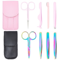 Mixed Color Stainless Steel Facial Tools Set, False Eyelashes Applicator Remover Tweezers, Manicure Scissors, Eyebrow Tweezers, Eyebrow Razor, with PU Bag, Mixed Color, 105x50x16mm