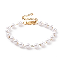 Golden Round Plastic Imitation Pearl Beaded Bracelets, with Vacuum Plating 304 Stainless Steel Curb Chains, White, Golden, 6-3/4 inch(17.1cm)