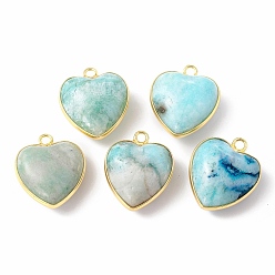 Hemimorphite Natural Hemimorphite Dyed Pendants, with Golden Plated Brass Findings, Heart Charms, 18~19x15~17x7~10mm, Hole: 2mm