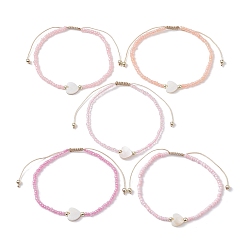 Pink 5Pcs 5 Colors Natural Shell Heart & Seed Braided Bead Bracelets Set, Adjustable Synthetic Hematite Stackable Bracelets, Pink, Inner Diameter: 2-1/4~3-3/8 inch(5.6~8.7cm), 1Pc/color