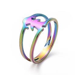 Rainbow Color Ion Plating(IP) 201 Stainless Steel Girl Shape Finger Ring, Hollow Wide Ring for Women, Rainbow Color, US Size 6 1/2(16.9mm)