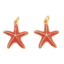 Red Brass Enamel Pendants, Starfish Charms, Real 18K Gold Plated, Red, 20.5x18x3.5mm, Hole: 3.5mm