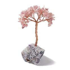Rose Quartz Natural Rose Quartz Tree Display Decoration, Reiki Spiritual Energy Tree, Raw Fluorite Base Feng Shui Ornament for Wealth, Luck, Rose Gold Brass Wires Wrapped, 45~66x76~82x125~133mm