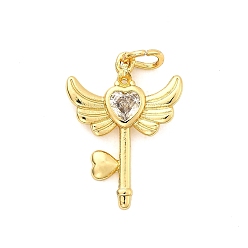 Прозрачный Латунь с кубическим цирконием подвеской, крылья с ключами, стойки покрытие, долговечный, без кадмия и без свинца, золотые, с целью перехода в кольце, прозрачные, 20x15x2.5 мм, отверстие : 3.3 мм