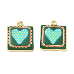 Dark Green Printed Brass Pendants, Square & Heart Charms, Rack Plating, Long-Lasting Plated, Lead Free & Cadmium Free, Real 18K Gold Plated, Dark Green, 22x18.5x3.5mm, Hole: 2mm