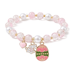 Pink Эластичный браслет из стеклянных бусин, Подвески из эмалированного сплава в форме сердца, яйца и кролика, браслет на пасхальную тему для женщин, розовые, внутренний диаметр: 2-3/8 дюйм (5.9 см)