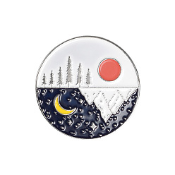 Platinum Creative Zinc Alloy Brooches, Enamel Lapel Pin, with Iron Butterfly Clutches or Rubber Clutches, Electrophoresis Black Color, Flat Round with Sun & Moon Pattern, Platinum, 30.5x30.5mm, Pin: 1mm